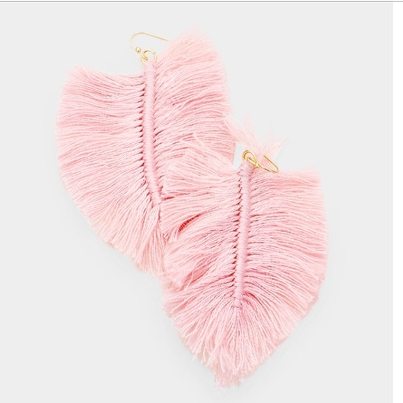 Jewelry - Feather Shape Thread Tassel Leaf Earring- Pink